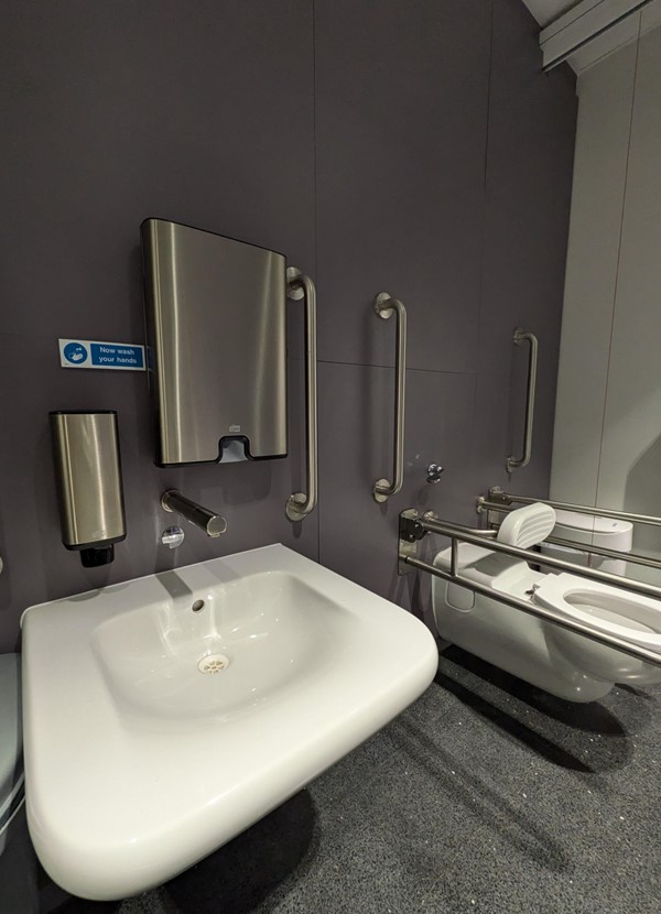 Image of the wide, low sink and toilet in the Changing Places toilet. The red emergency cord touches the floor