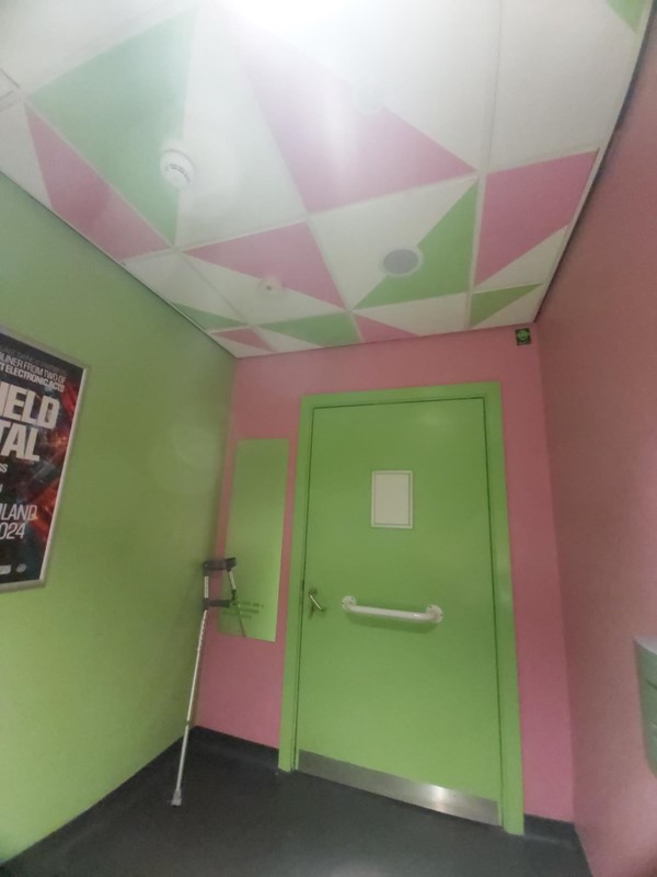 Image of a green door and pink and white wall