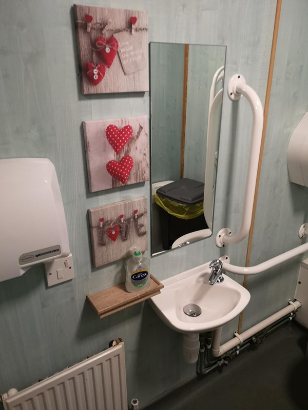 The sink and hand dryer inside the accessible toilet