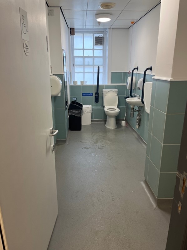 Image of an accessible toilet from the doorway