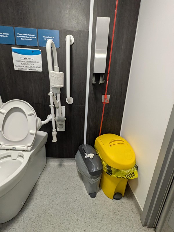 Image of accessible toilet against contrast wall. There are grab rails and a red emergency strap, tucked behind a bin