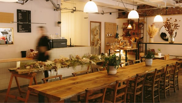 Long table with chairs in a restaurant