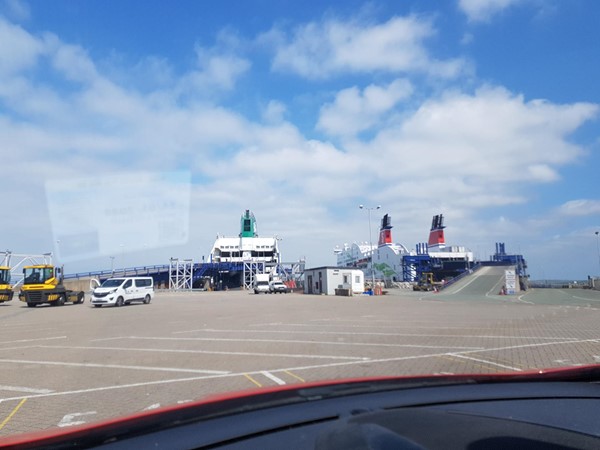 Waiting excitedly for our ferry (Stena Adventurer is the one on the right)