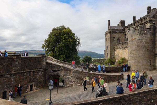 Steep cobbled hill up to the castle walls, which are then pretty flat.