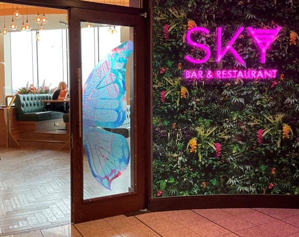 Take the lift from ground floor just by customers services up to fifth floor and enter the SKY BAR which is a very attractive and well spaced out area. There are seating places with a number of places a wheelchair can be placed.