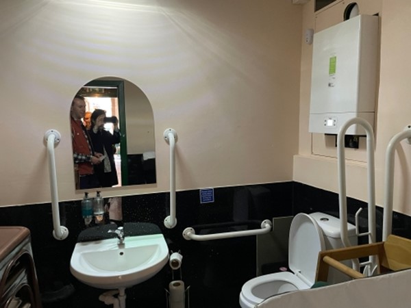 Image of a group of people taking a photograph of an accessible toilet