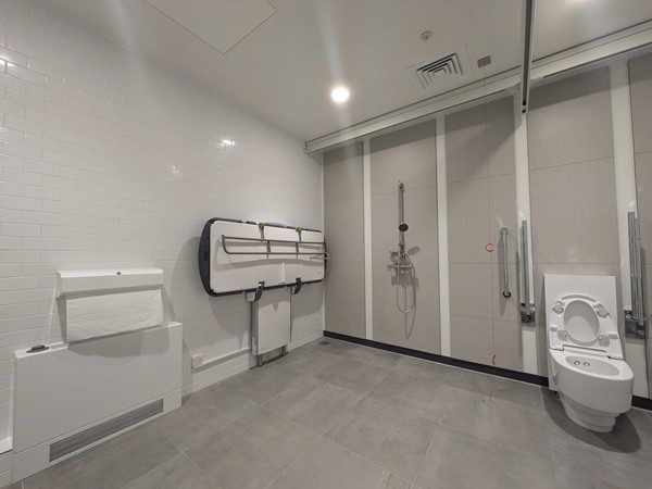 Image of the toilet, showing the hoist rail, changing bed, toilet and large paper towel dispenser