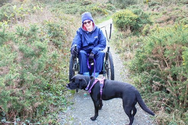 Me in my trike with dog on a compacted gravel path with heather and ferns on either side.