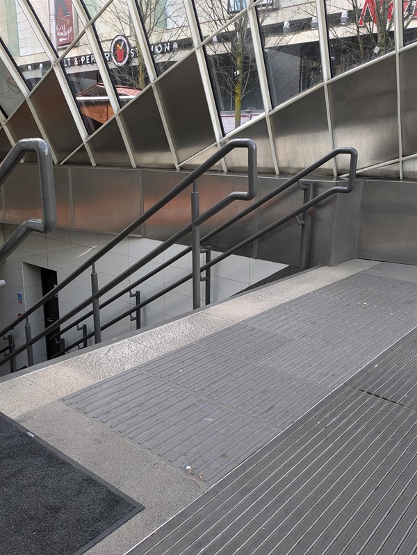 Image of stairs with grab rails on both sides and tactile markings