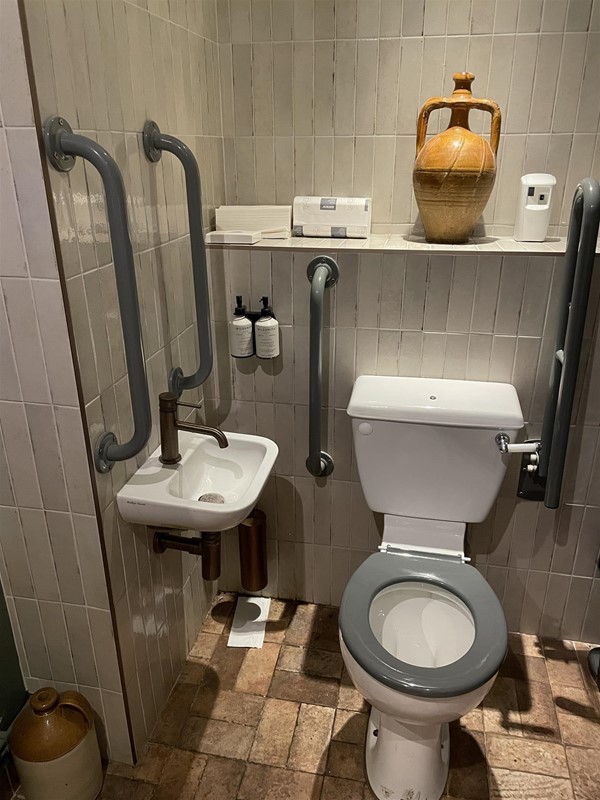 Cramped poorly laid out WC with inaccessible basin and no drying facilitates reachable from a wheelchair