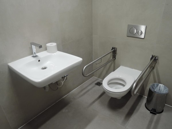 Accessible toilet, no soap, no hand dryer, no mirror but toilet flushed and there were grab rails