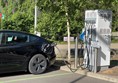 One of the chargers in the E V Charging area. Pity about the kerb reducing access for wheelchair users though.