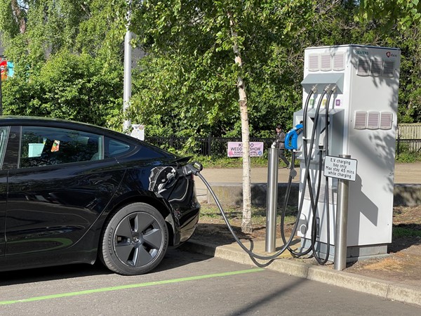 One of the chargers in the E V Charging area. Pity about the kerb reducing access for wheelchair users though.