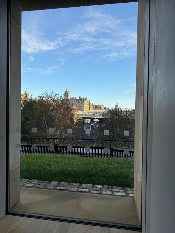 The view from one of the windows looking out across East Princes Street Gardens