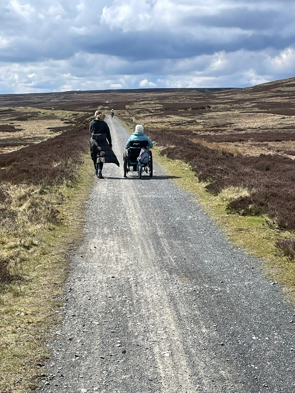 People walking a dog on a dirt road