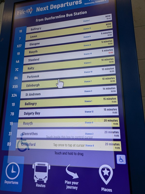 Image of departures board at Dunfermline Bus Station