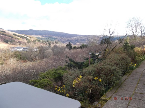 View, hot-tub and path round cottage.