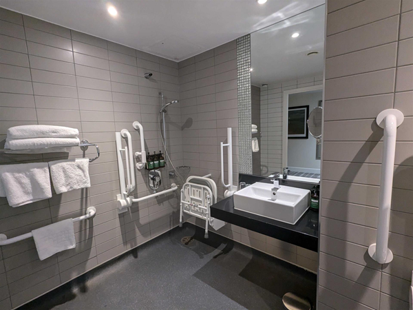 Image of sink and shower area in the accessible toilet