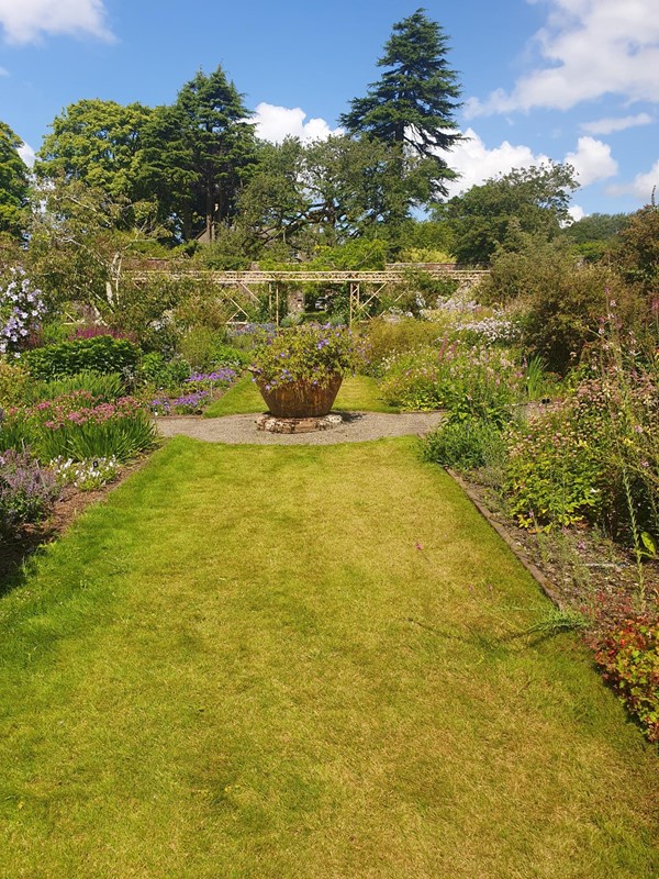 A picture of the garden's entrance with a plantpot in the middle and trees in the background