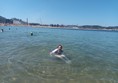 Made it into the water at Poniente beach, Gijon, thanks to the amphibious wheelchair service and the noodle float they lent me