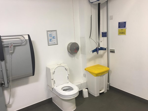 Overhead hoist in corner on charge.
Nappy bin.
Toilet , with pressure switch flush mechanism.
Adult sized, height adjustable bench.