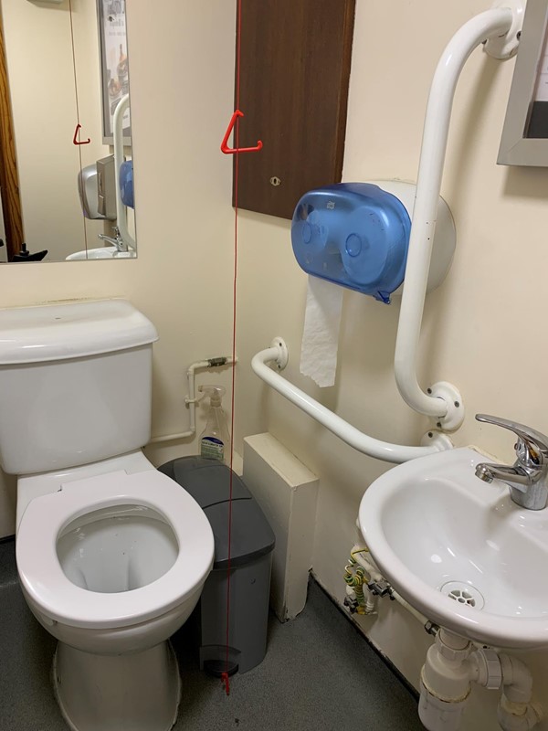 View of accessible toilet from door showing red cord , handrails and sink