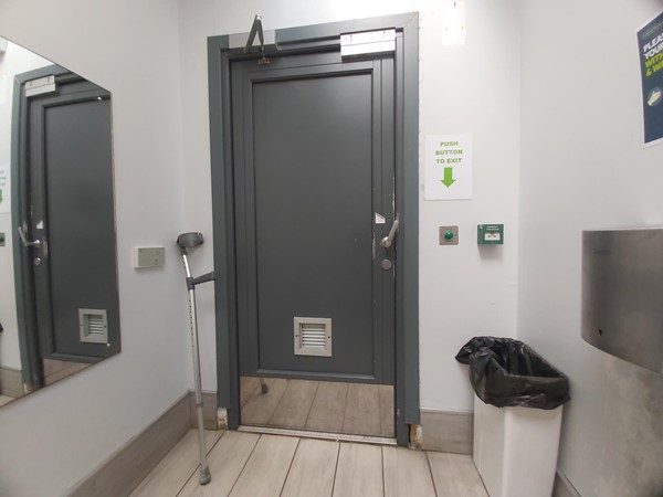 Image of a grey door with a cane in front of it