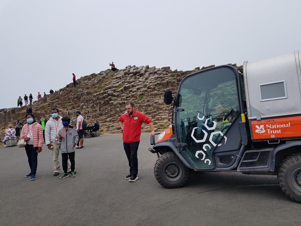 Turning point at the end of the road down to the rocks of the Giant's Causeway. Good road surface for wheelchairs and scooters, and you can get up close to the rocks.