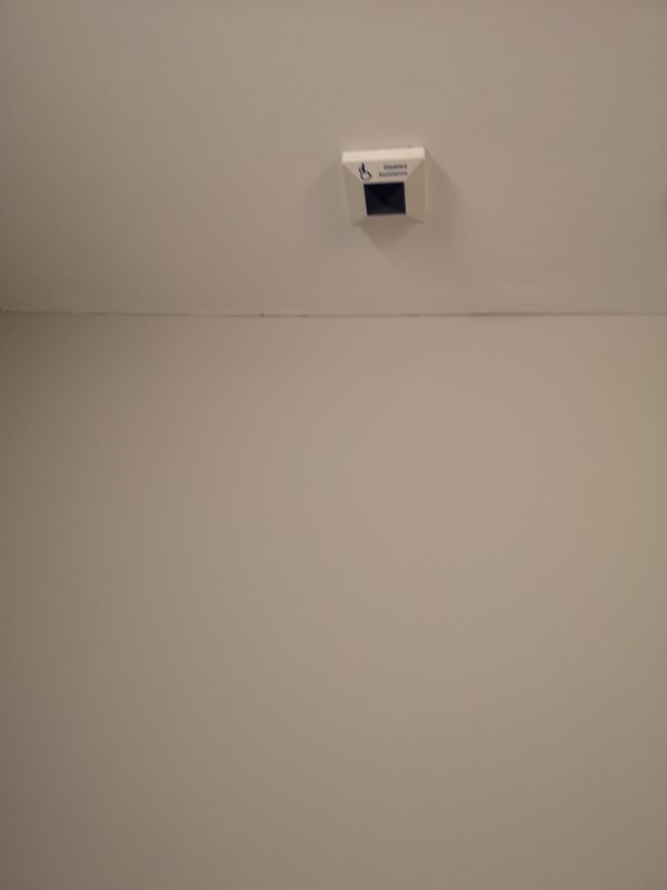 Image of the accessible toilet ceiling showing the missing red emergency cord.
