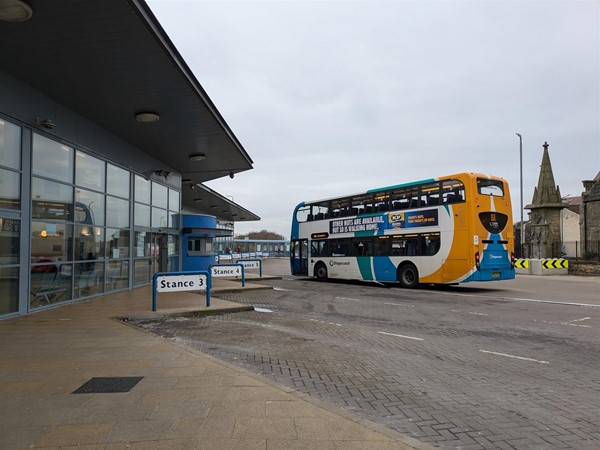 Image of bus stances and bus at Dunfermline Bus Station