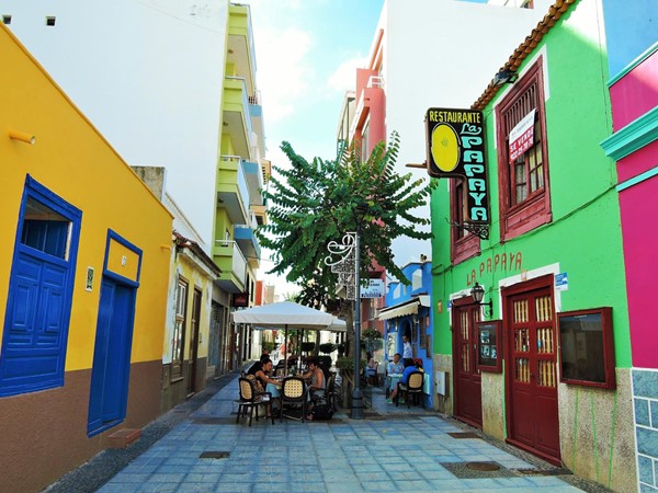 Cafes and colourful buildings