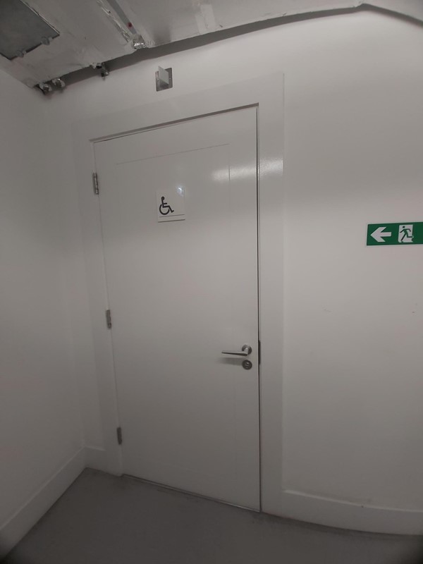 Image of a whit accessisble toilet door with a green arrow