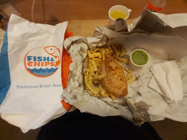 Fish, chips and mushy peas