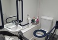 Image of an accessible toilet with a sink and grabrails