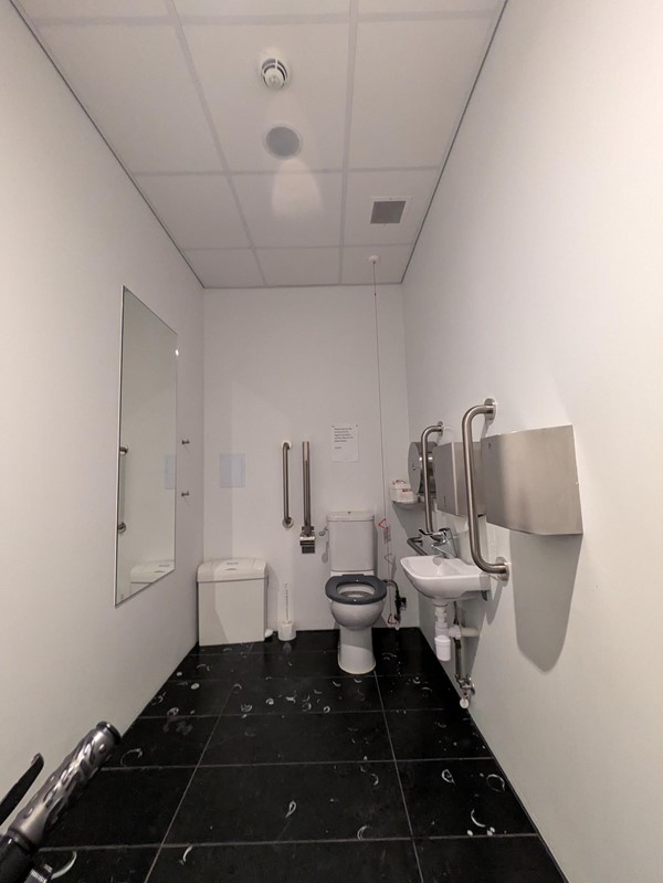 Image of the accessible toilet, a mirror is on the left wall, the sink, paper towel dispenser, soap and hand dryer are on the right, and the toilet is at the back of the wall.