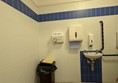 Image of a bin, sink, hand dryers and paper towel dispenser.