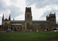 Front view of the cathedral, showing nice flat grassy area in front and parking close to the venue.