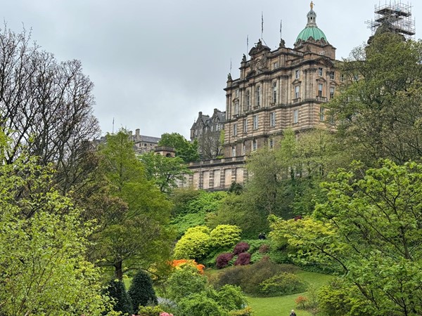 Image of the gardens looking on to buildings in Edinburgh.