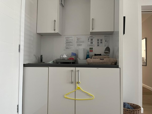 Image of the medical sink and storage in the accessible bedroom.