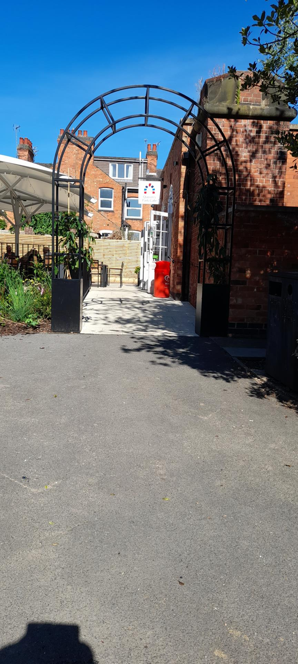 The outside area of the cafe has recently been refurbished with a splendid new access ramp. Where else are you going to find a ramp with it’s very own arch