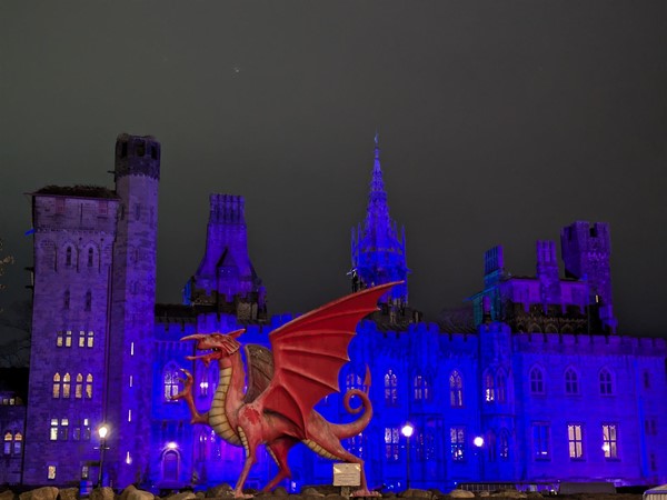 Image of red dragon statue in front of the castle