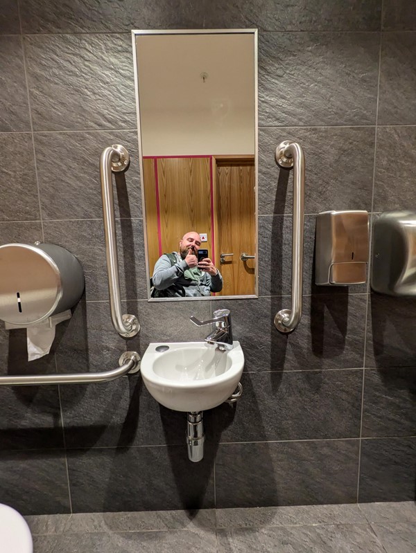 Image of a person taking a selfie in a mirror over a sink with grabrails