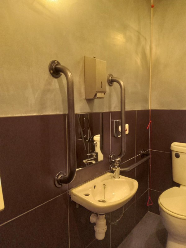 a photo of the sink in the bathroom. it shows a low sink, a small mirror above it and a metal soap dispenser above the mirror. metal grab bars surround the mirror.