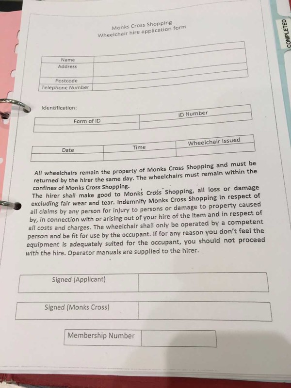 Wheelchair hire form