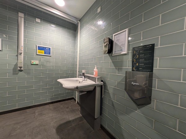 Image of adjustable sink and wall-mounted dryer in the Changing Places toilet