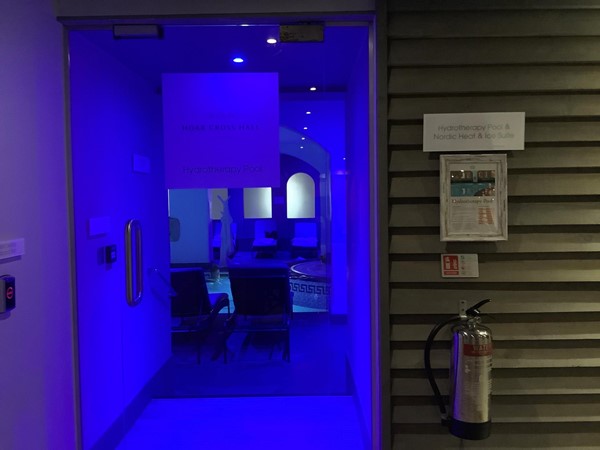 Picture of a glass door marked hydrotherapy