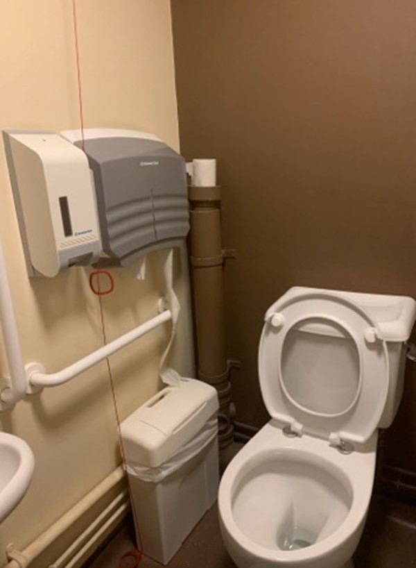 View of toilet and red cord hanging