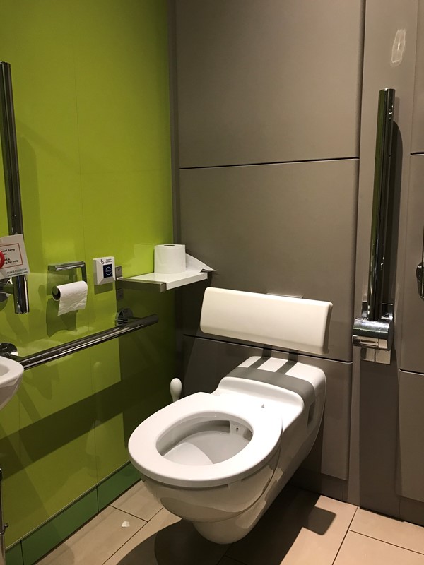 Accessible toilet with handrails & emergency cord (which does not hang down to the floor).