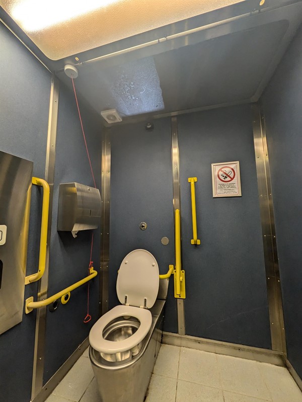 image of the accessible toilet at Mount Florida Railway Station.  The red cord is tied behind a paper towel dispenser.