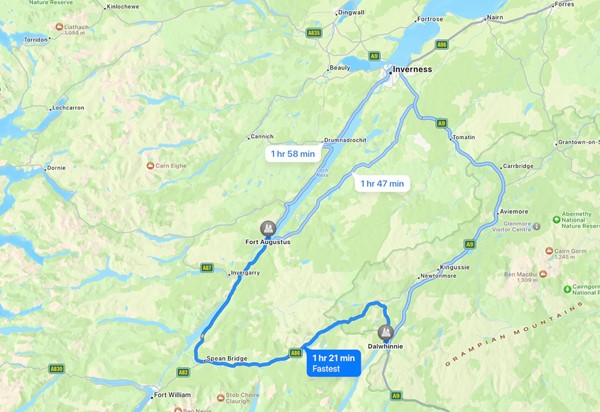 The route of the very enjoyable drive from Fort Augustus and along to Pitlochry, with a short stop at Dalwhinney distillery.